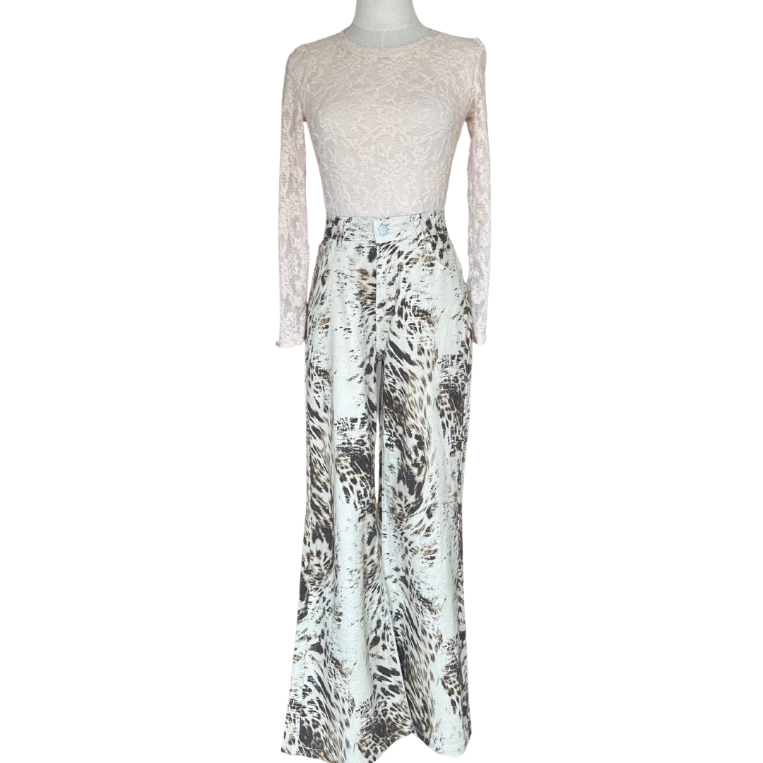 PANTALON DENIM BEIGE ANIMAL PRINT