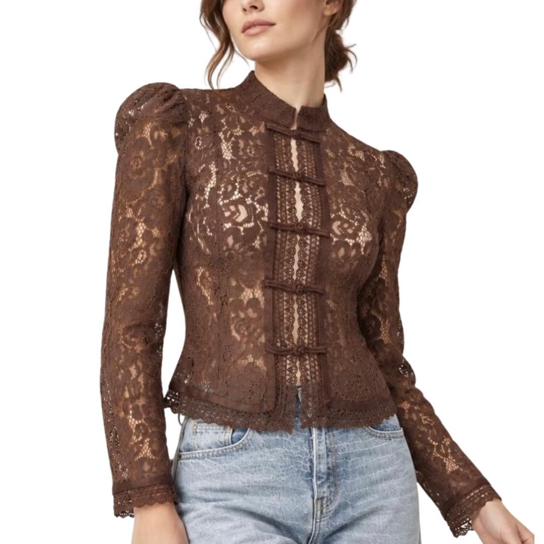 BLUSA MANGA LARGA DE ENCAJE CAFE