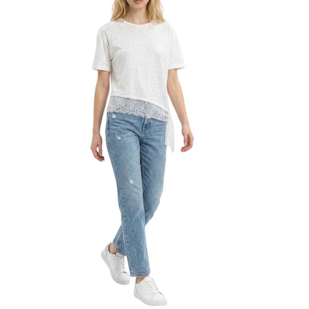 BLUSA BLANCA CON BRILLOS Y ENCAJE