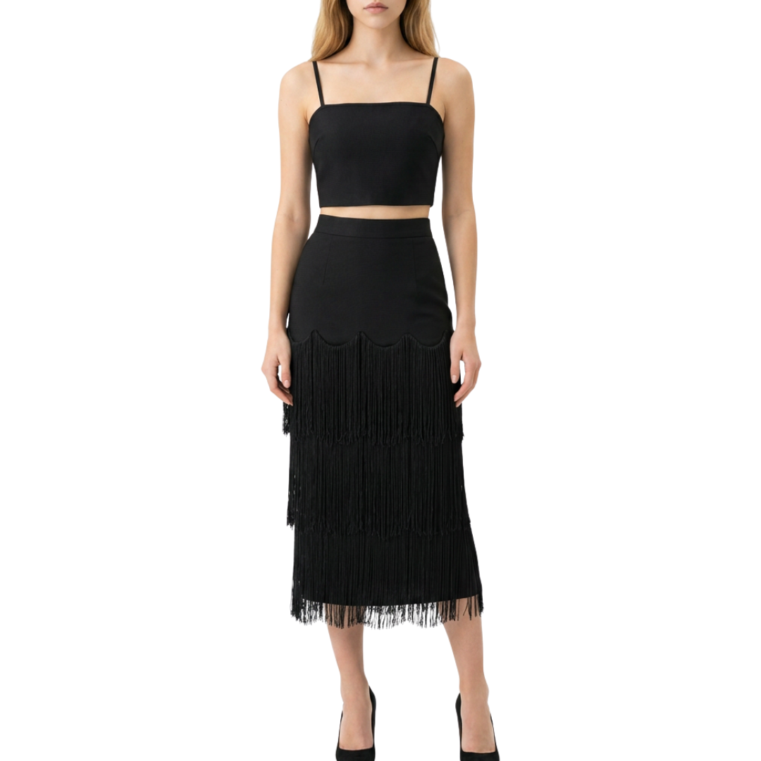SET TOP Y FALDA CON FLECOS NEGRO