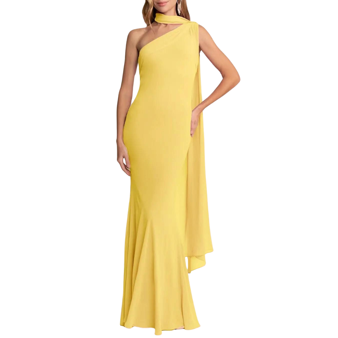 VESTIDO LARGO UN HOMBRO CON ESTOLA AMARILLO