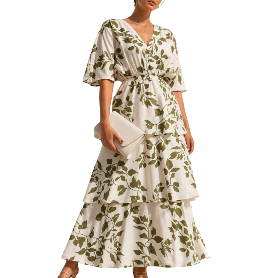 VESTIDO MIDI ESTAMPADO VERDE CON BLANCO