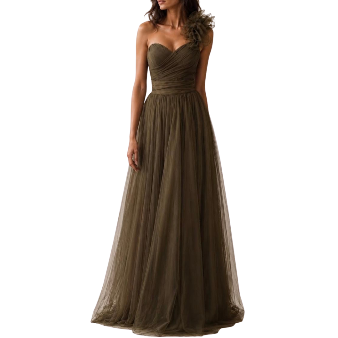VESTIDO LARGO VERDE OLIVO CON OLANES EN HOMBRO