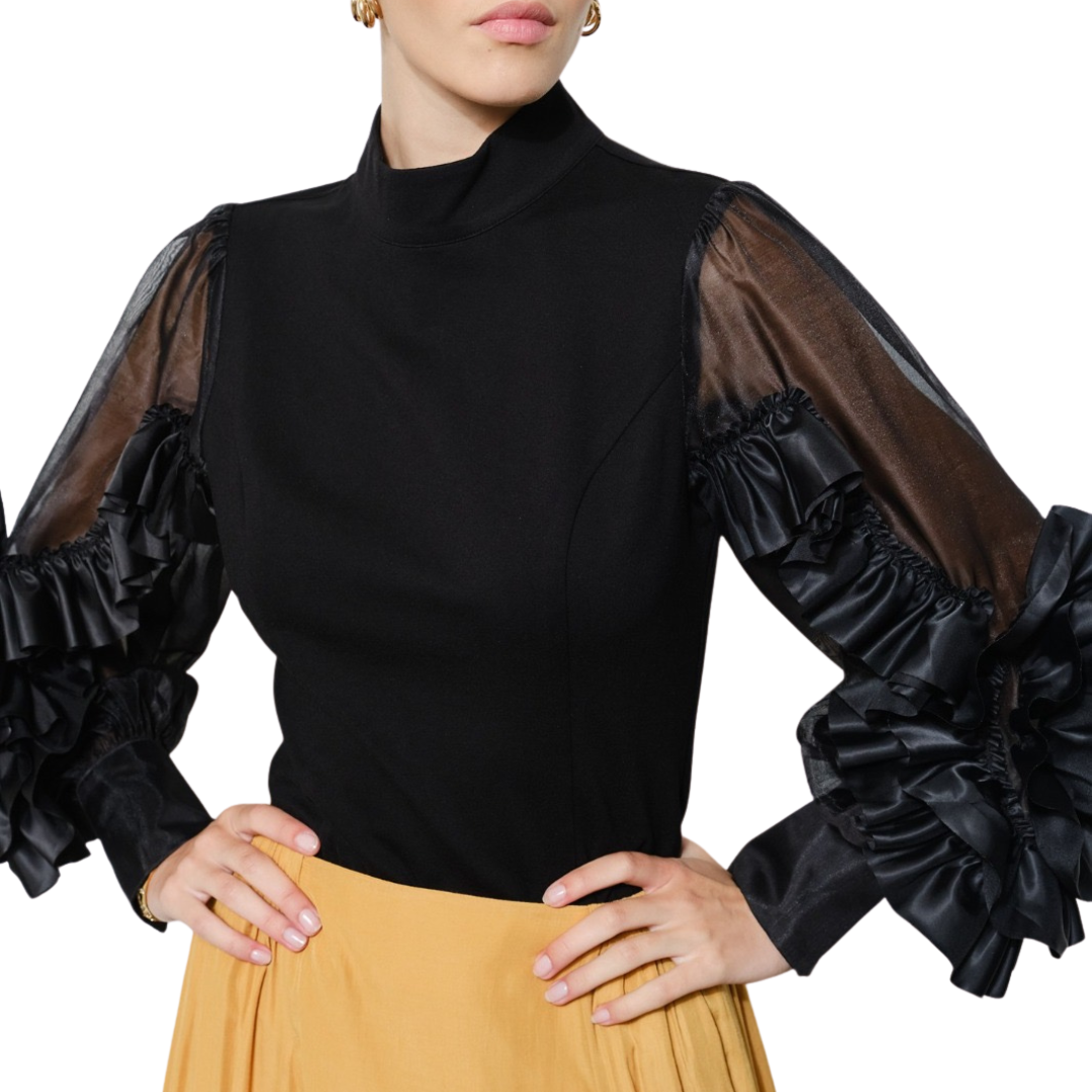 BLUSA MANGA LARGA CON OLANES NEGRA