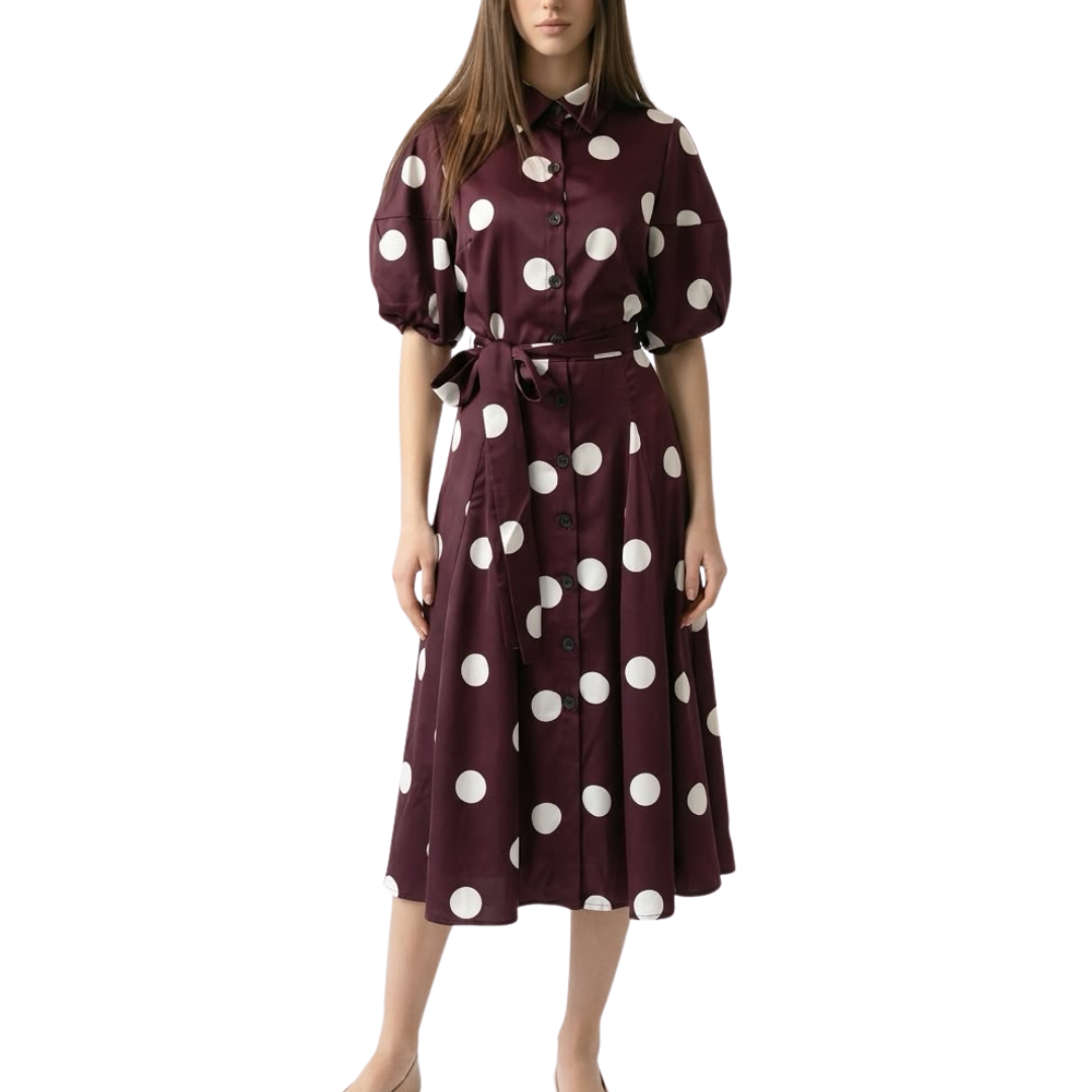 VESTIDO MIDI POLKA DOTS CAFE CON BLANCO