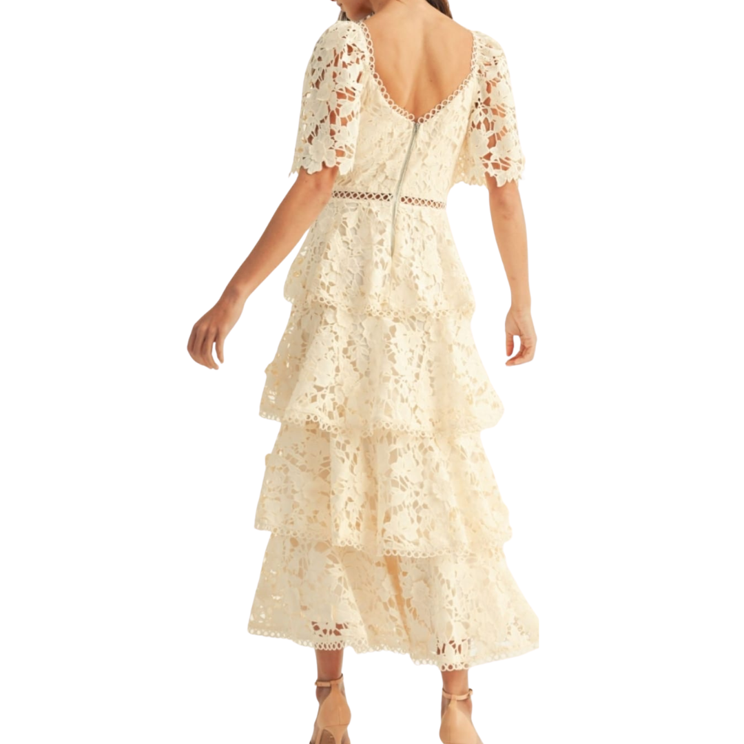 VESTIDO MIDI DE ENCAJE BEIGE