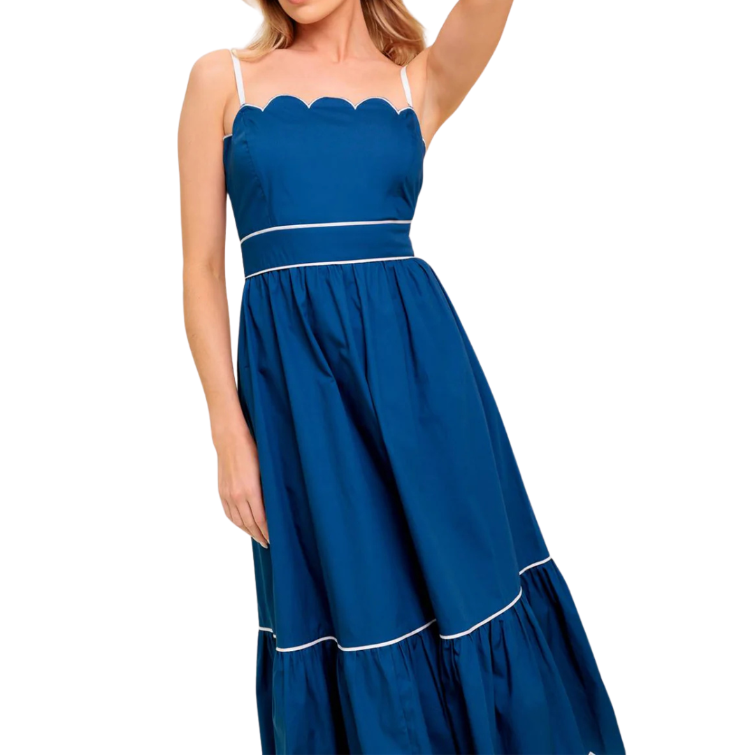 VESTIDO MIDI DE TIRANTES COLOR AZUL CON LÍNEA BLANCA