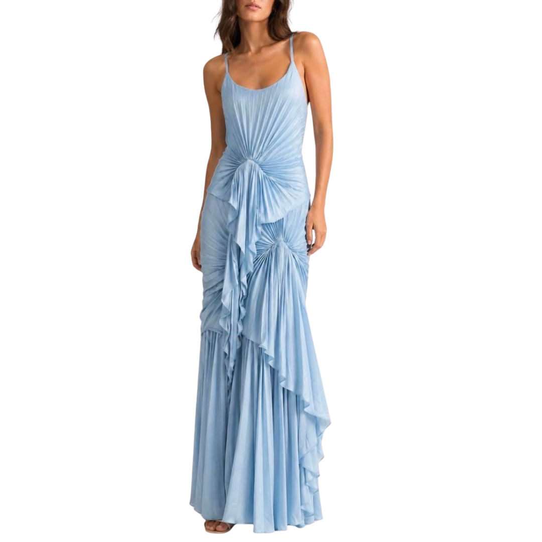 VESTIDO LARGO CELESTE CON TABLONES