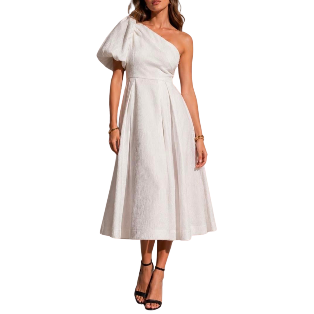 VESTIDO MIDI BLANCO UNA MANGA ABULLONADA