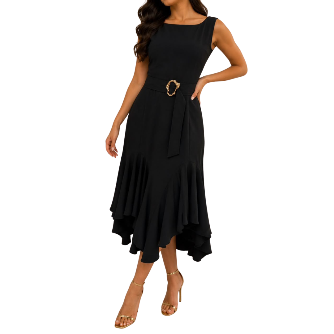 VESTIDO MIDI NEGRO CON OLÁN ASIMÉTRICO