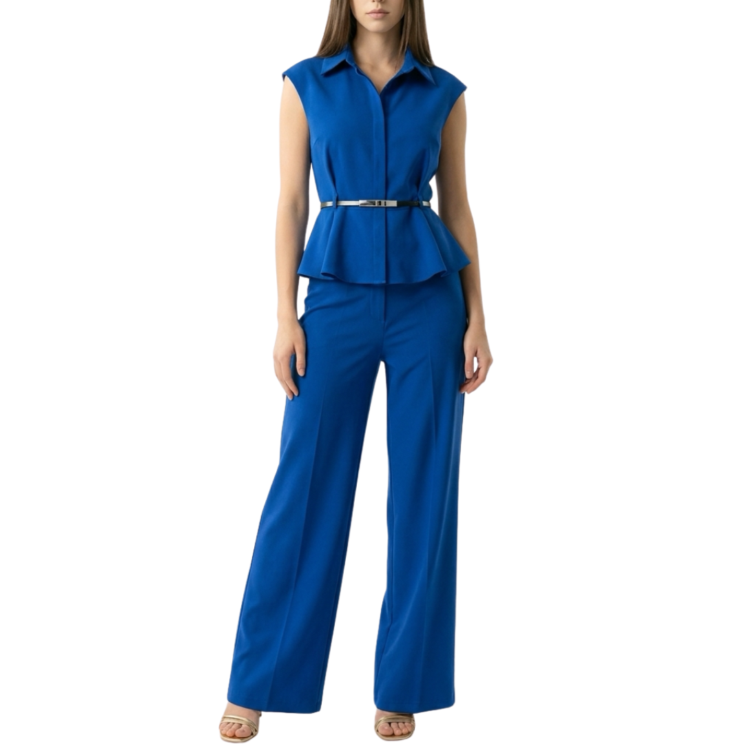 SET PANTALON Y BLUSA CORTE PEPLUM AZUL REY