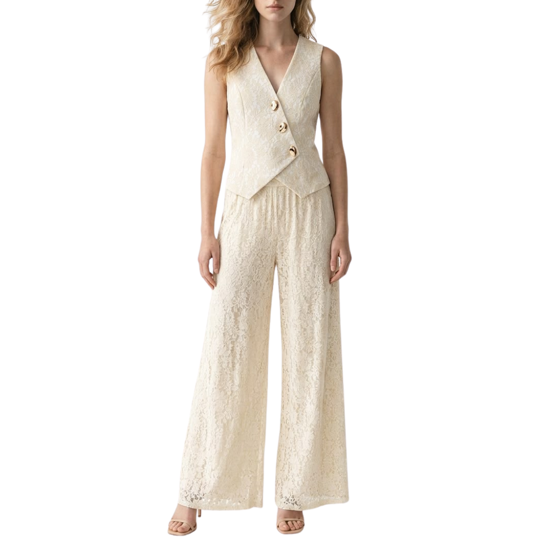 SET PANTALON Y CHALECO ASIMETRICO ENCAJE BEIGE
