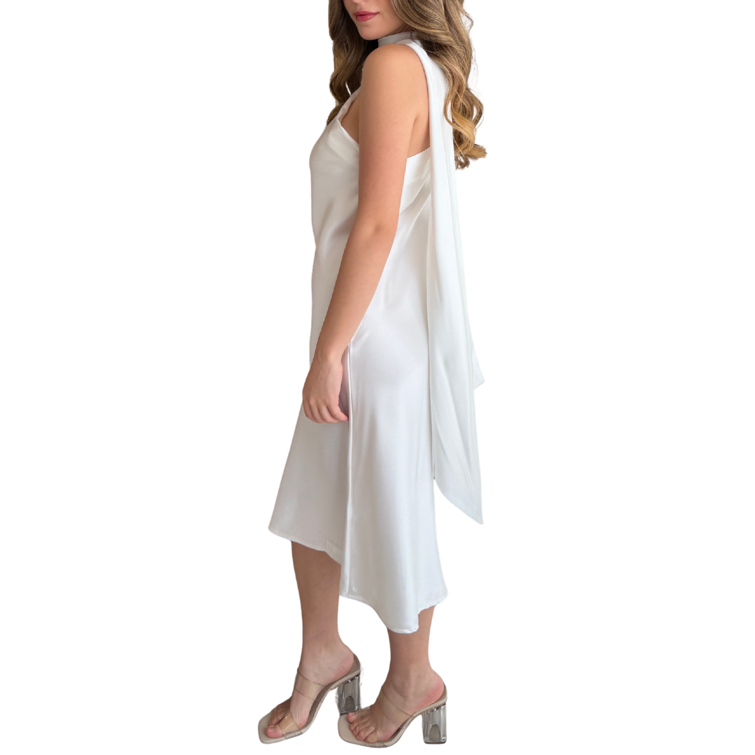 VESTIDO MIDI SATÍN BLANCO CON CORBATÍN