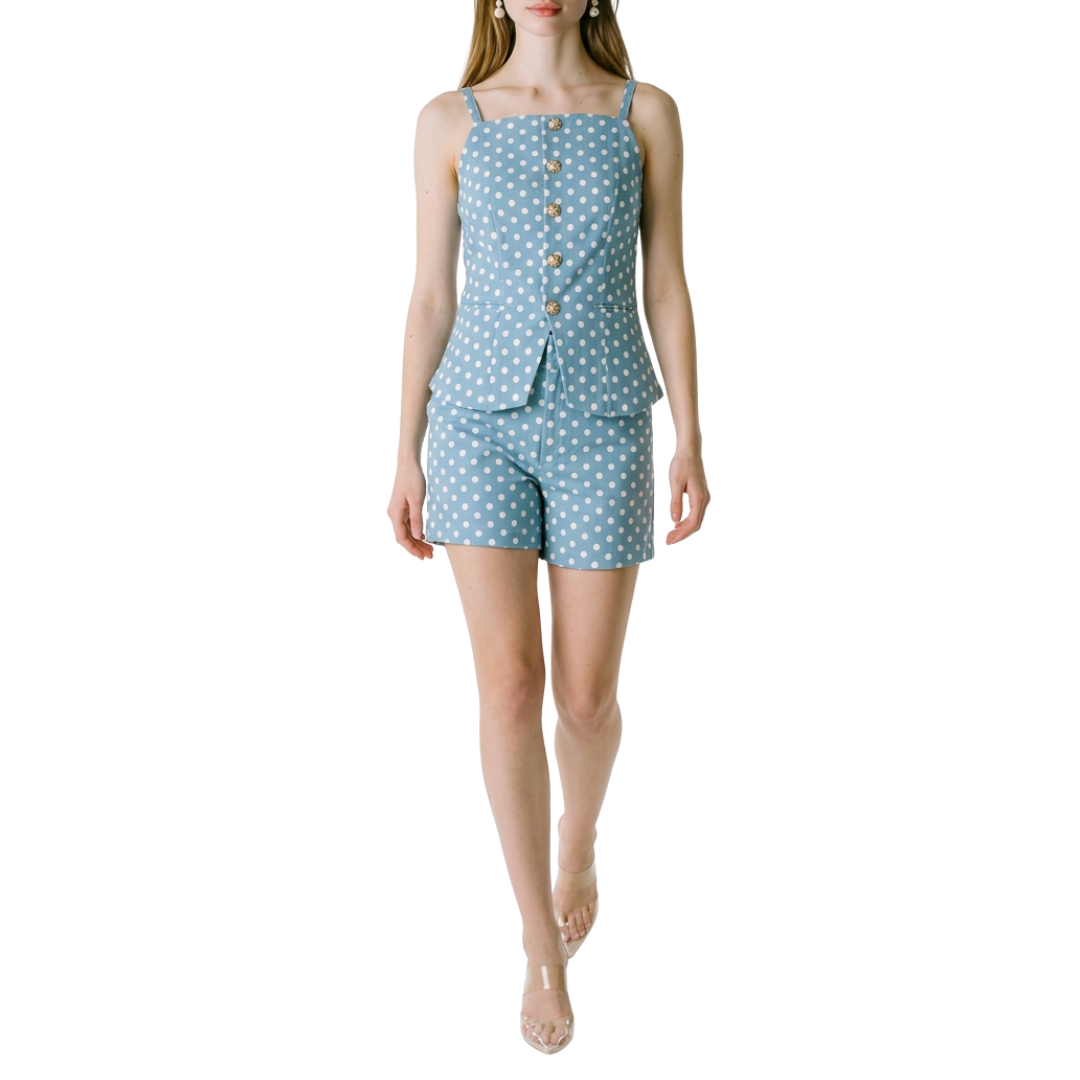 SET BLUSA Y SHORT AZUL CON POLKA DOTS