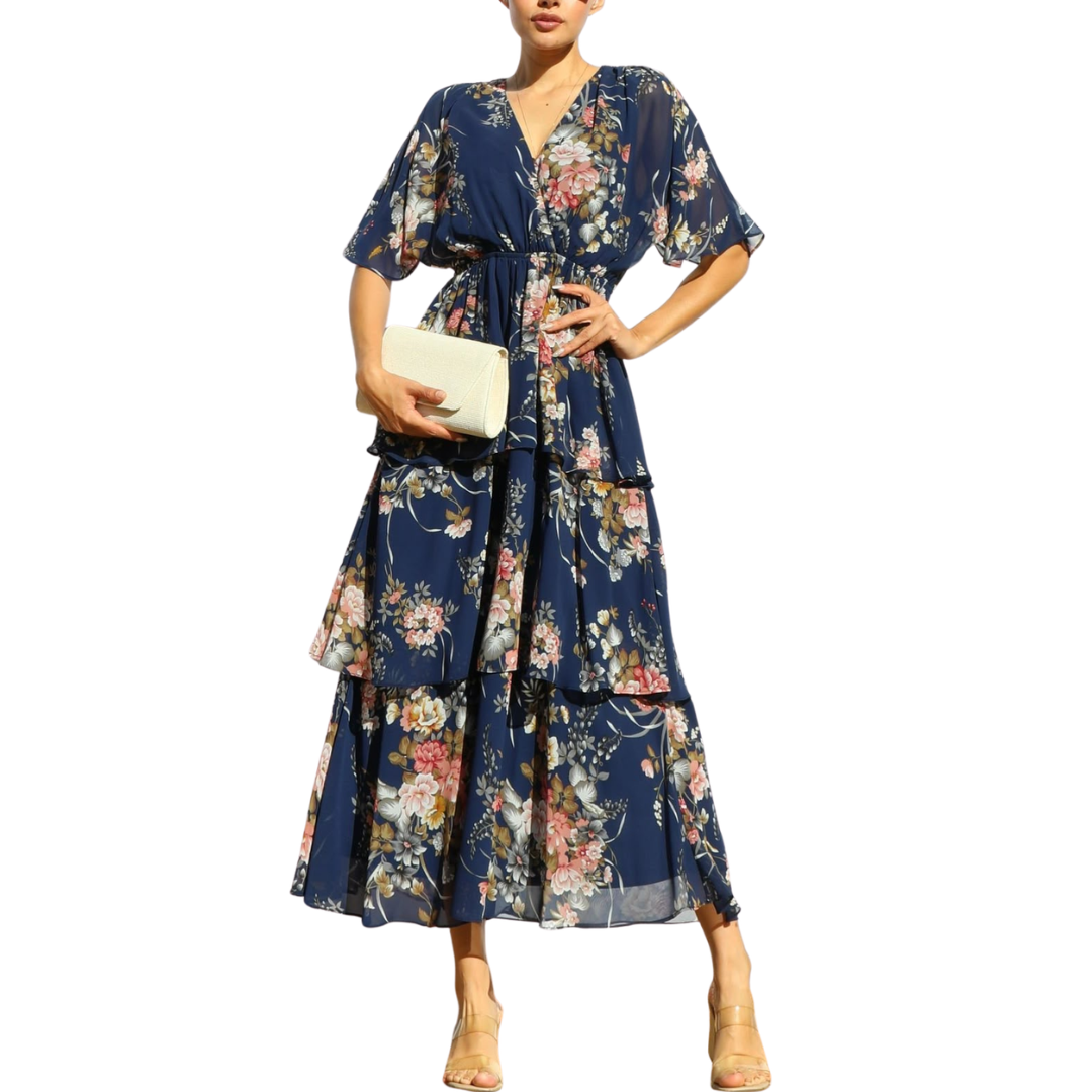 VESTIDO MIDI AZUL CON ESTAMPADO FLORES