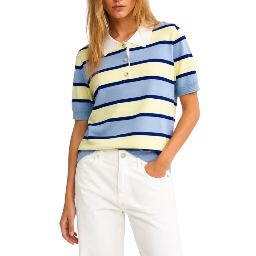 BLUSA TEJIDO DE PUNTO RAYAS CELESTE Y AMARILLO