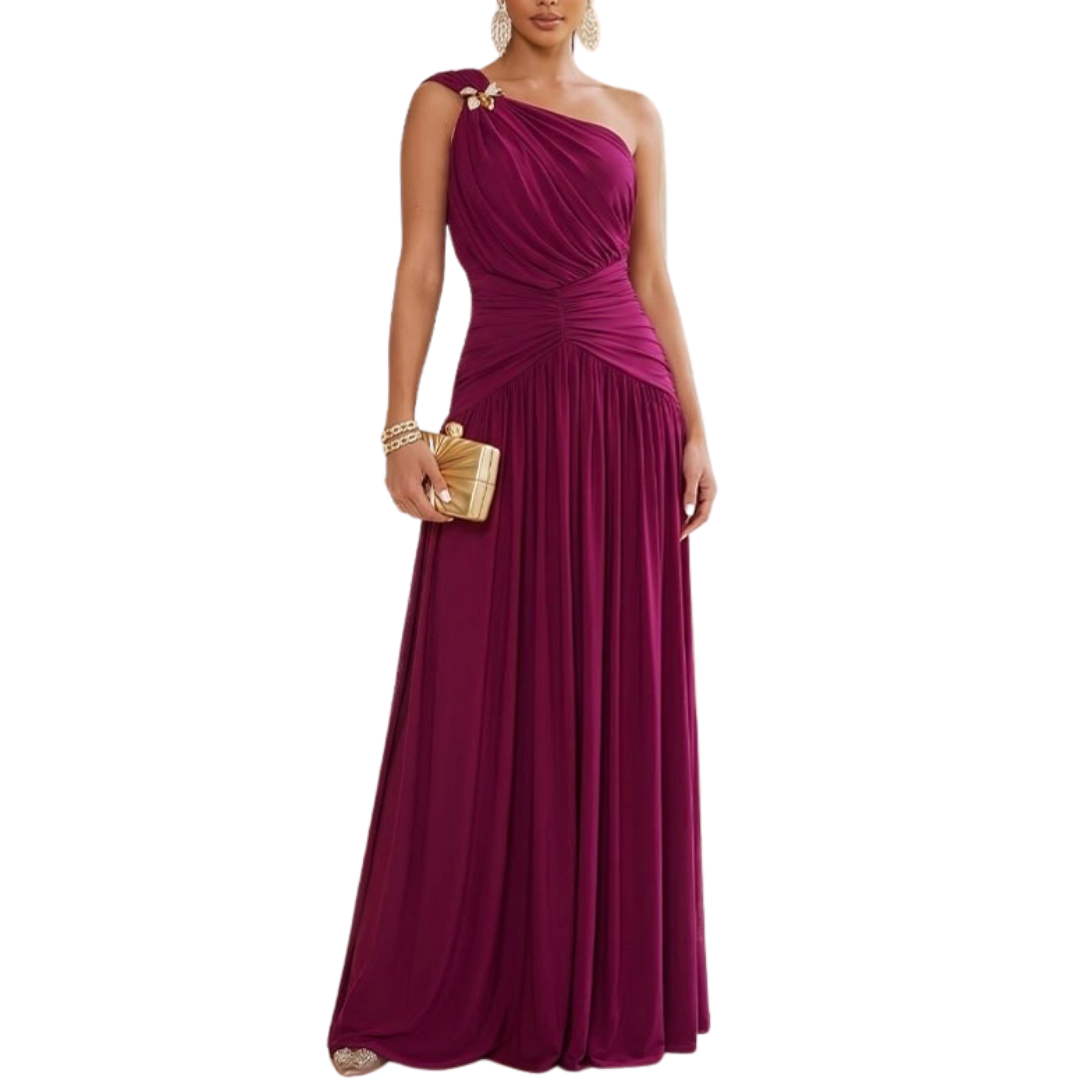 VESTIDO LARGO MESH UVA UN HOMBRO CON BROCHE DORADO