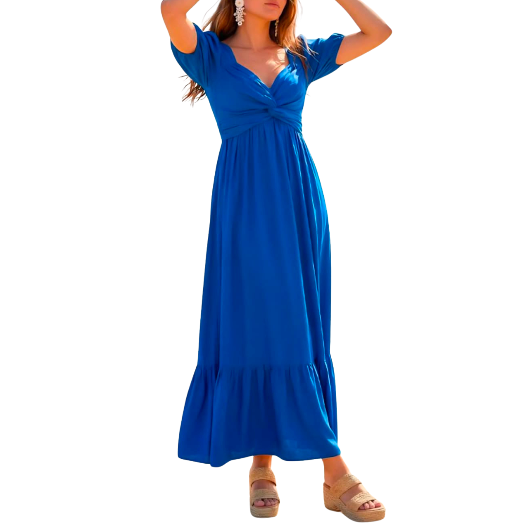 VESTIDO MIDI AZUL CON MANGA CORTA