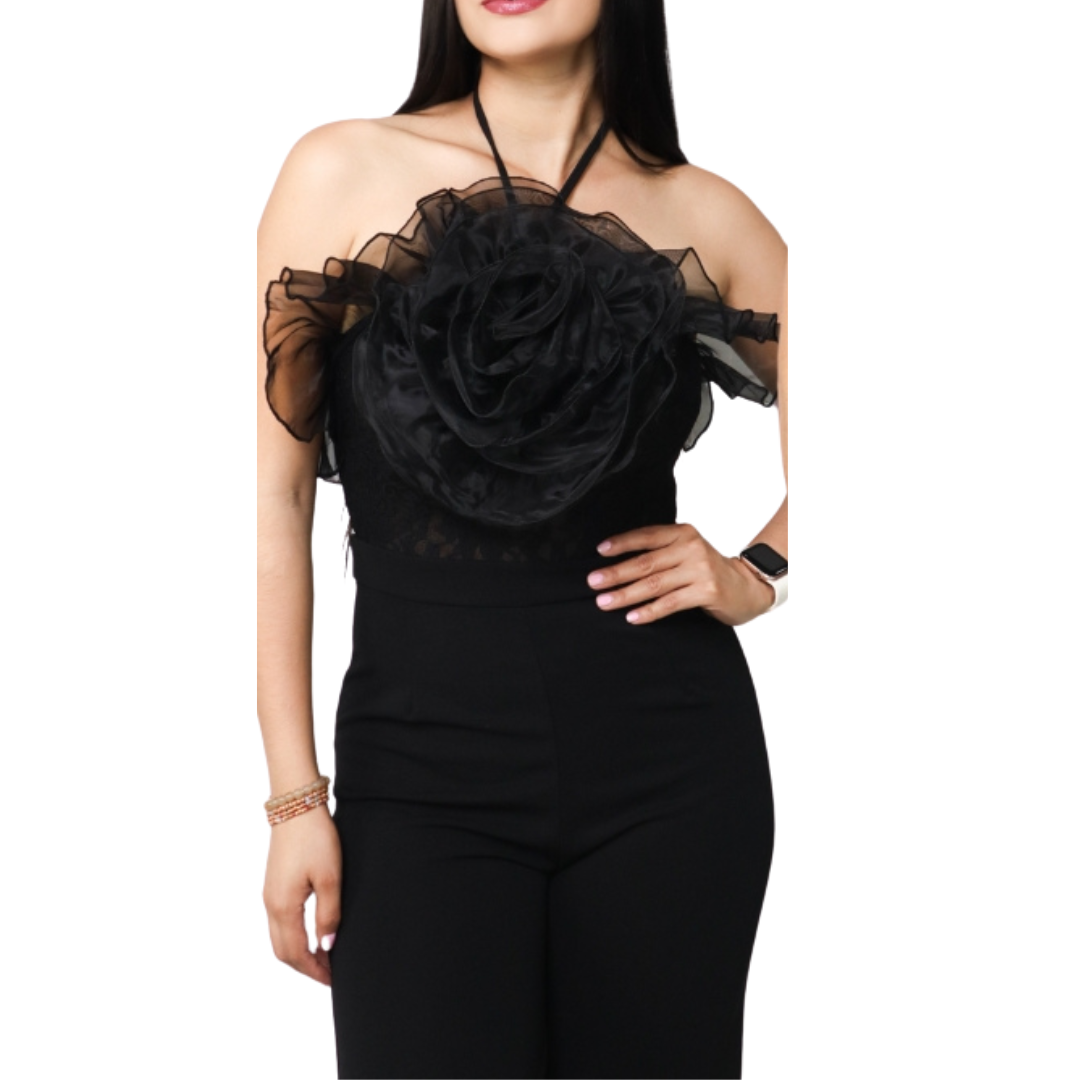 JUMPSUIT NEGRO CON ENCAJE Y FLOR