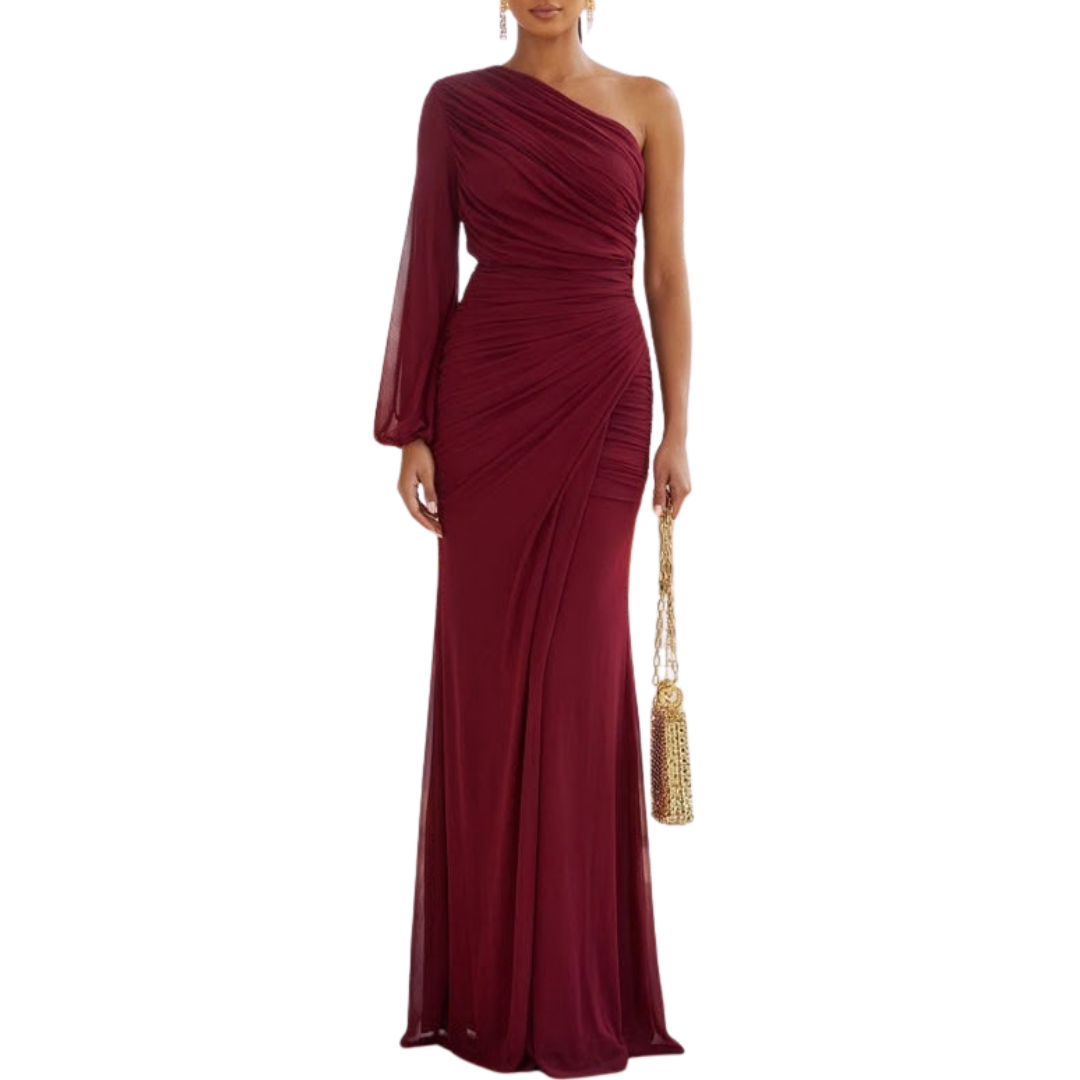 VESTIDO LARGO MESH CON UNA MANGA BURGUNDY