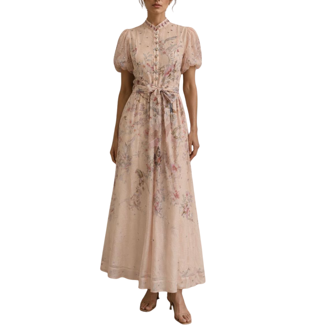 VESTIDO MIDI ROSA PALO FLOREADO CON BRILLOS Y BOTONES