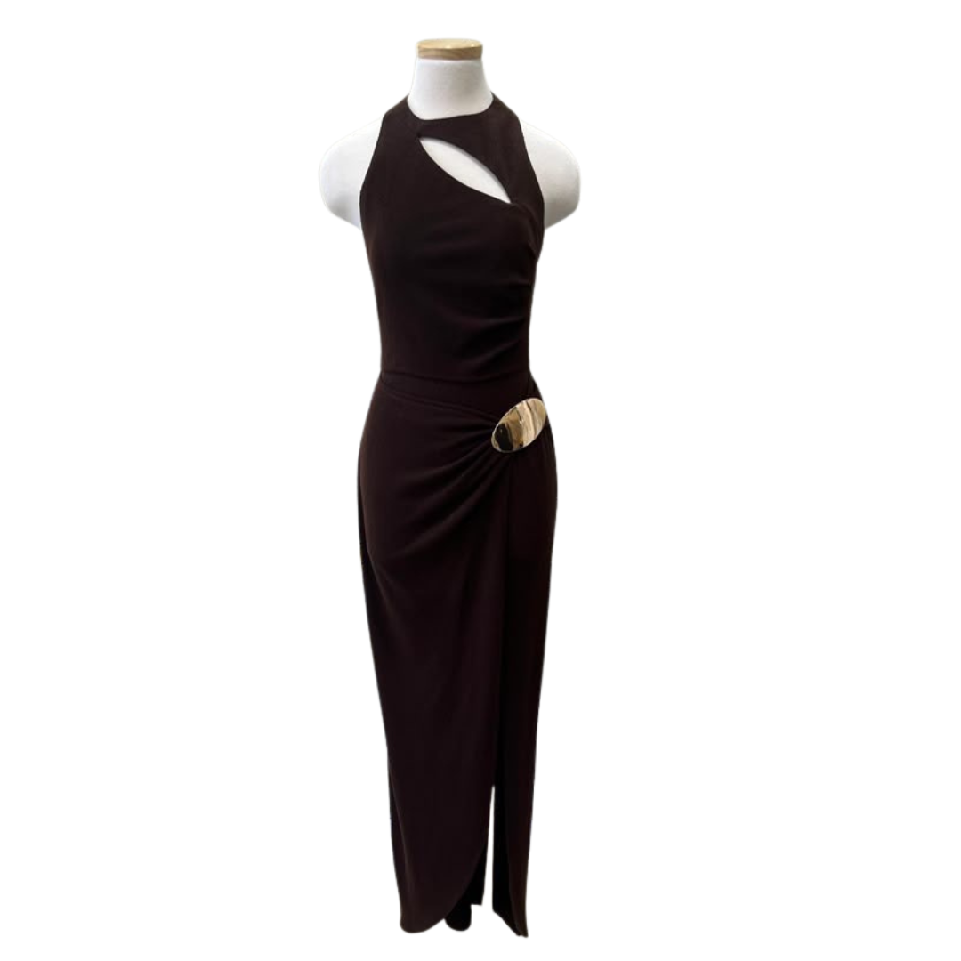 VESTIDO MIDI CAFE CON BROCHE DORADO