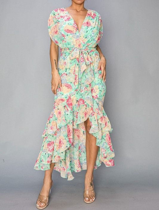 VESTIDO MIDI MENTA CON FLORES DE COLORES