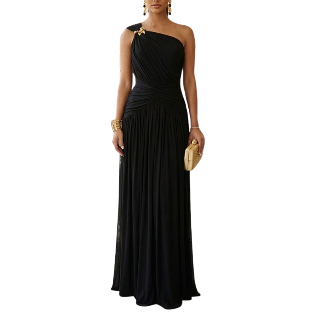 VESTIDO LARGO NEGRO MESH UN HOMBRO CON BROCHE DORADO