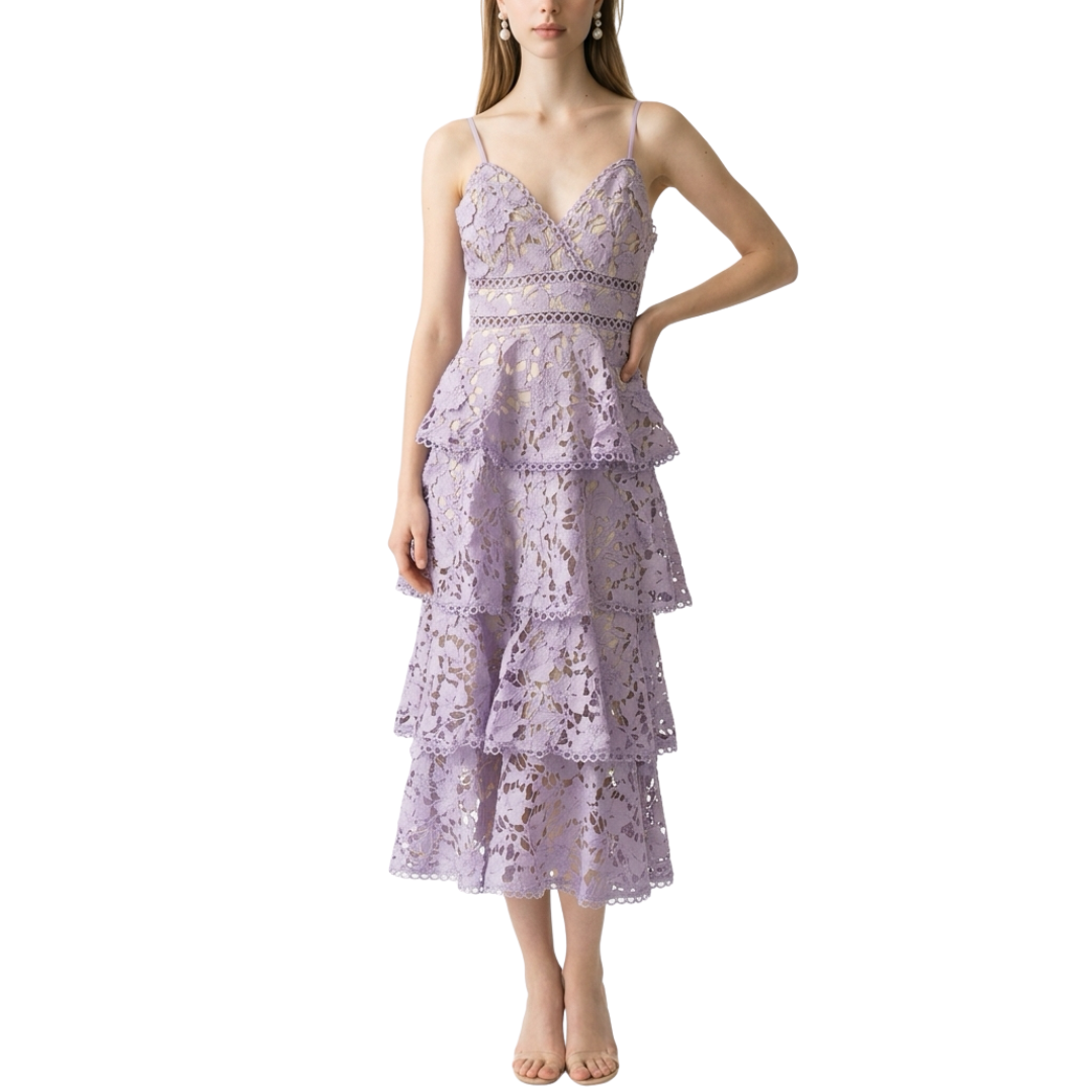VESTIDO MIDI ENCAJE CON OLANES LINA