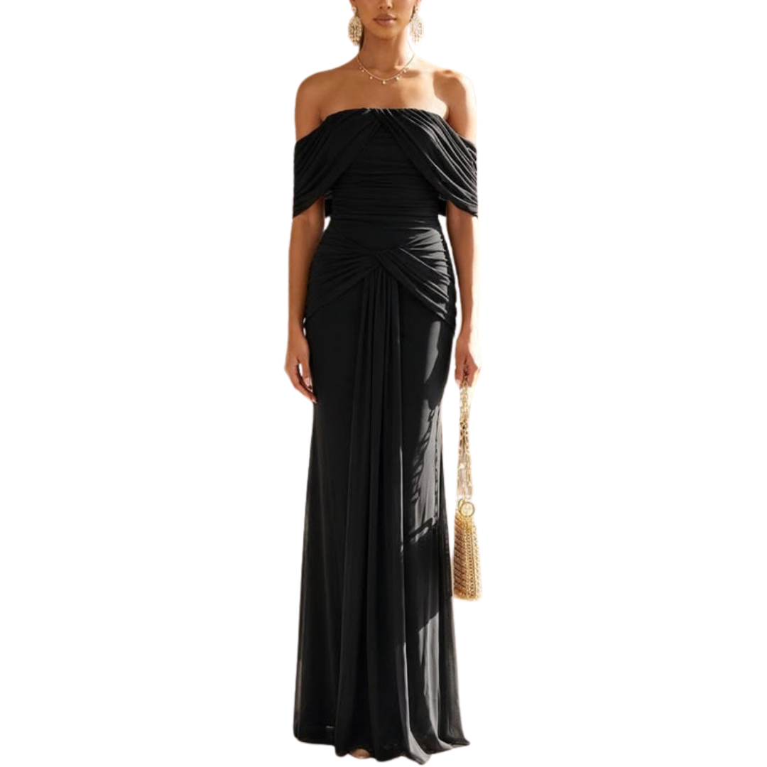 VESTIDO LARGO HOMBROS CAIDOS MESH CORRUGADO NEGRO
