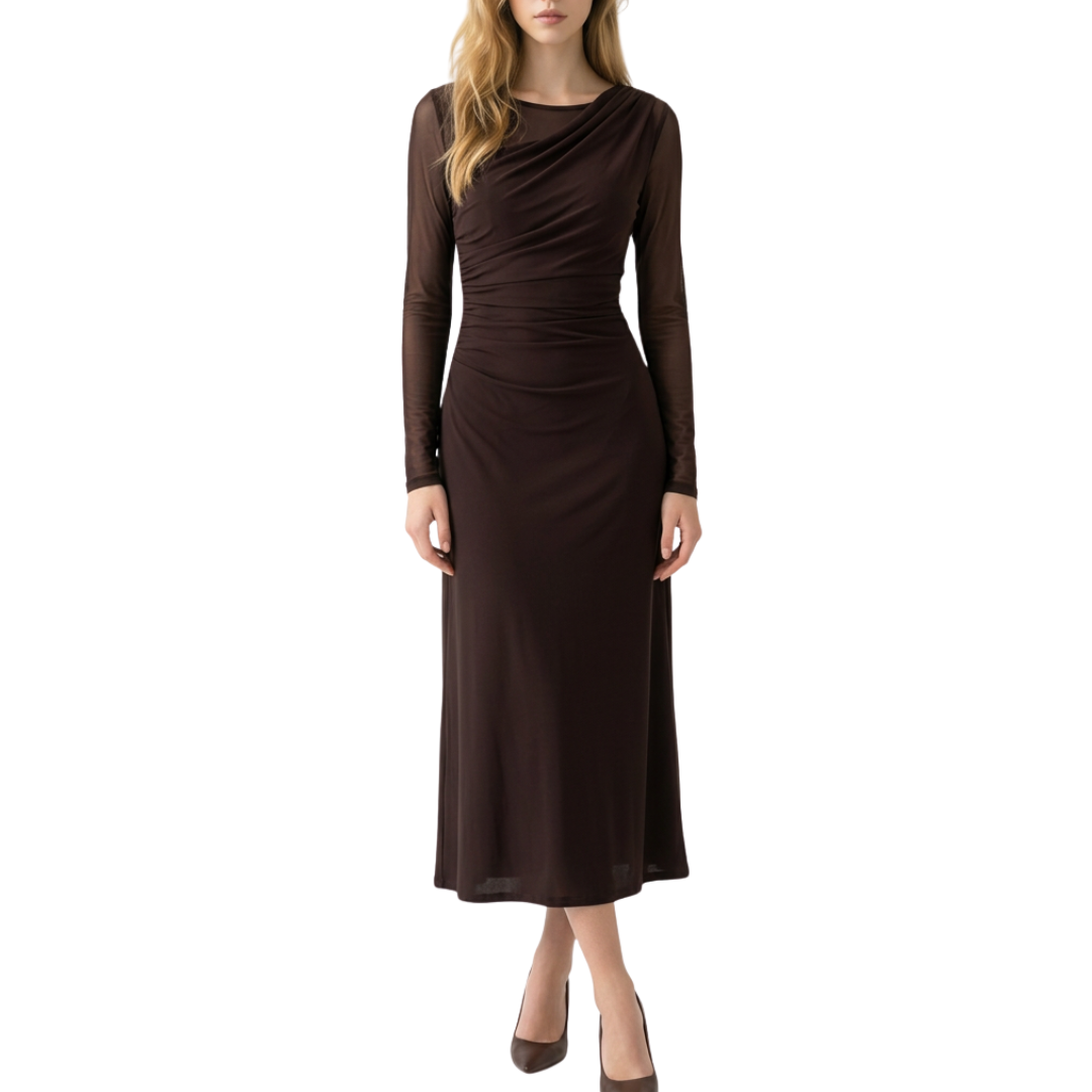 VESTIDO LARGO MESH CORRUGADO CON MANGA LARGA CAFE