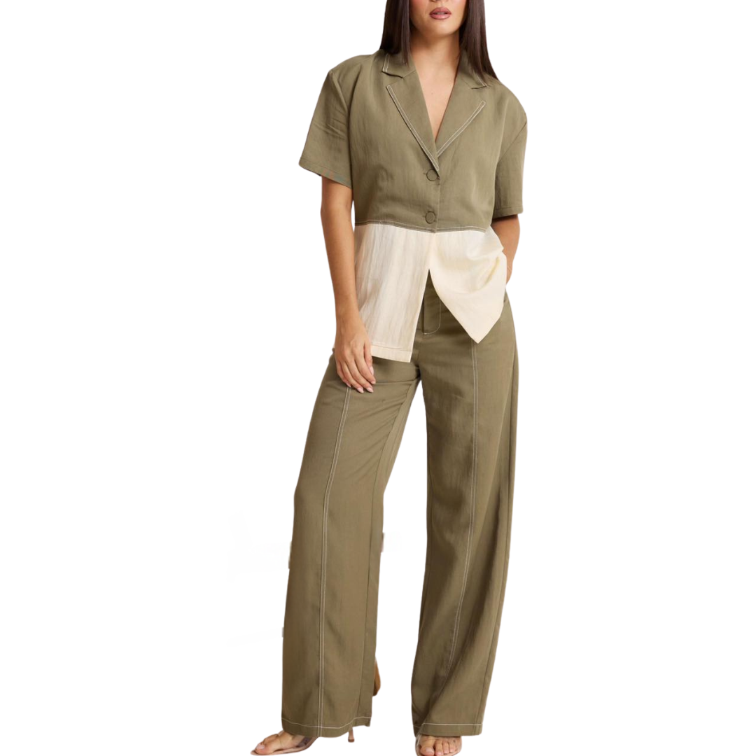 SET CAMISA Y PANTALÓN VERDE OLIVO CON BEIGE