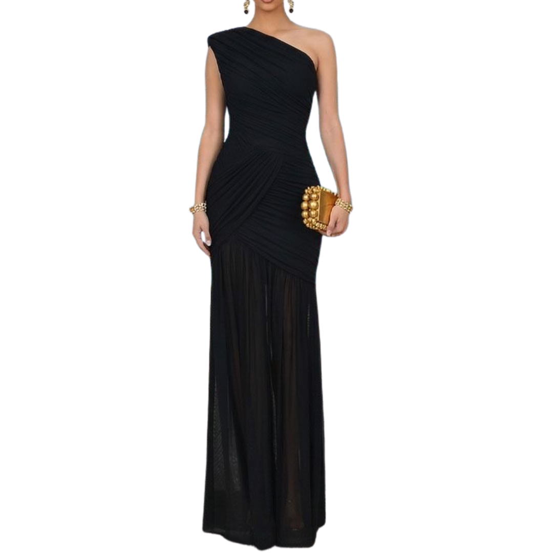 VESTIDO LARGO MESH UN HOMBRO CORRUGADO NEGRO