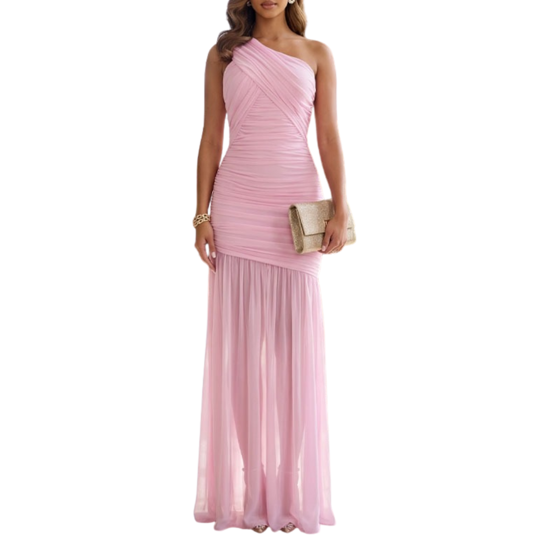 VESTIDO LARGO MESH UN HOMBRO ROSA PASTEL