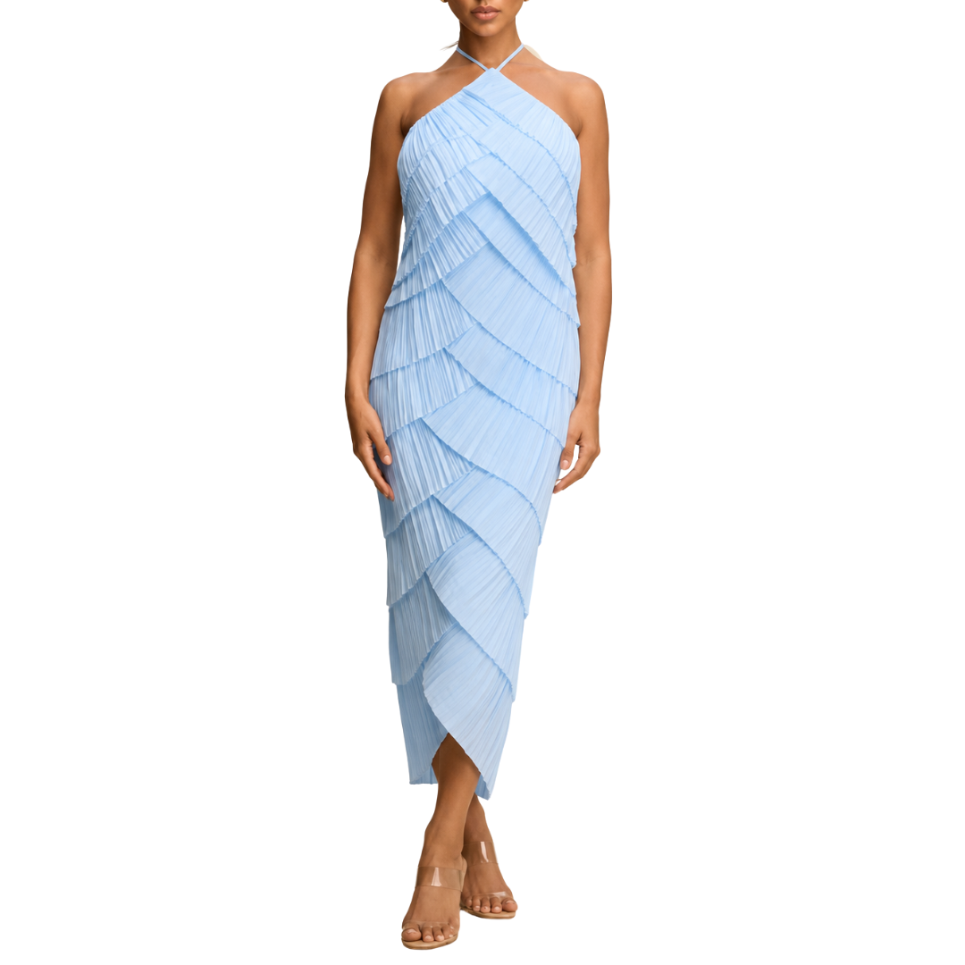 VESTIDO MIDI CELESTE CON OLANES