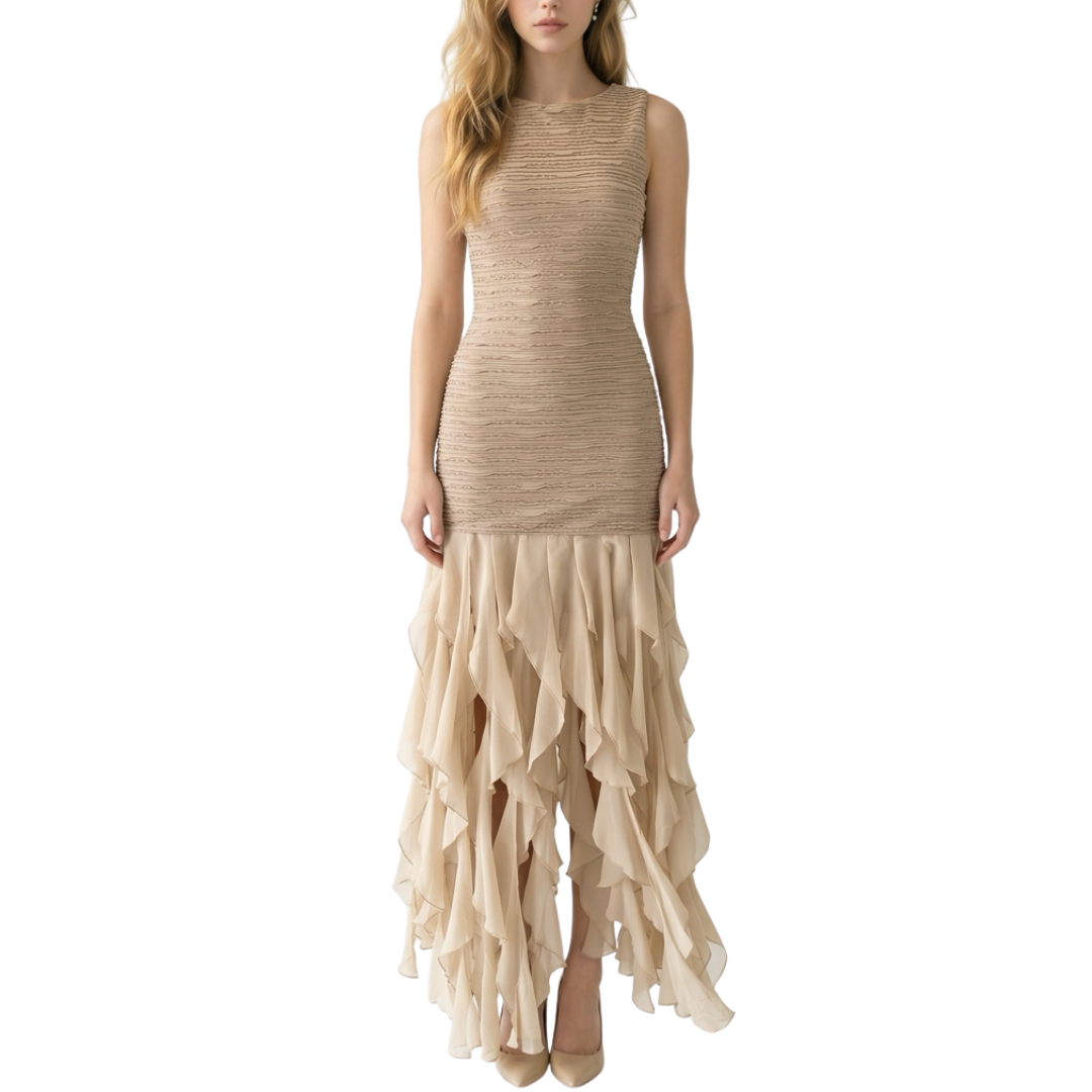 VESTIDO LARGO BEIGE CON OLANES