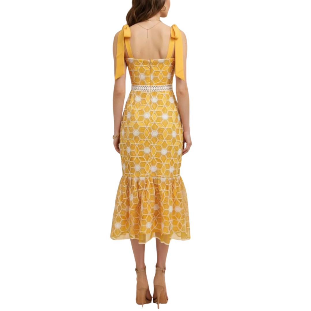 VESTIDO MIDI AMARILLO CON BLANCO