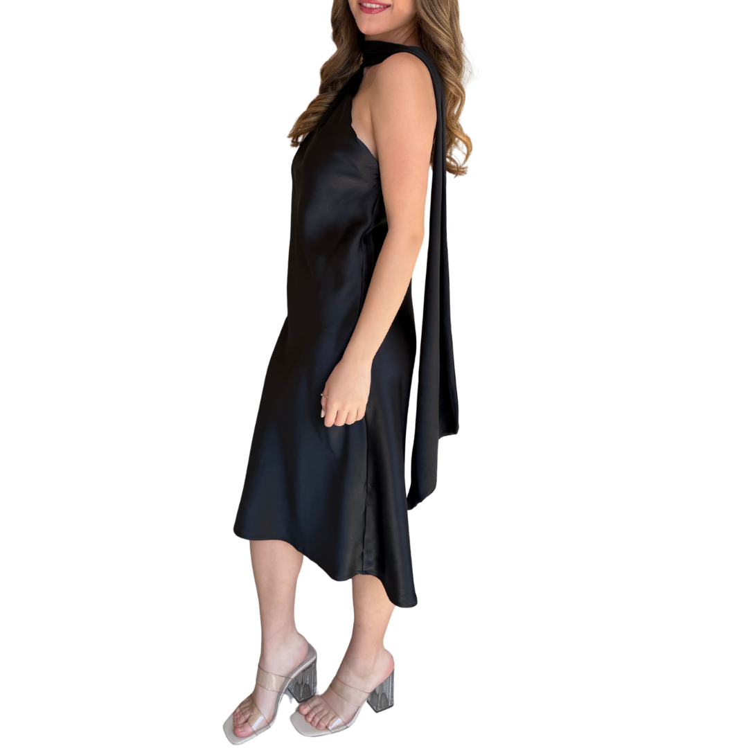 VESTIDO MIDI SATIN NEGRO CON CORBATIN
