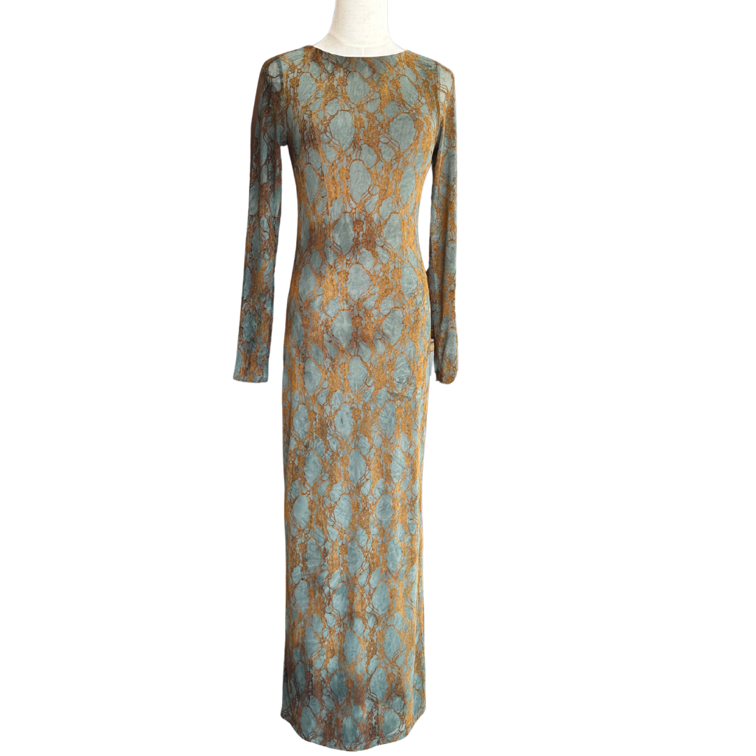 VESTIDO LARGO SIN ESPALDA VERDE CON CAFE DE MESH Y TERCIOPELO