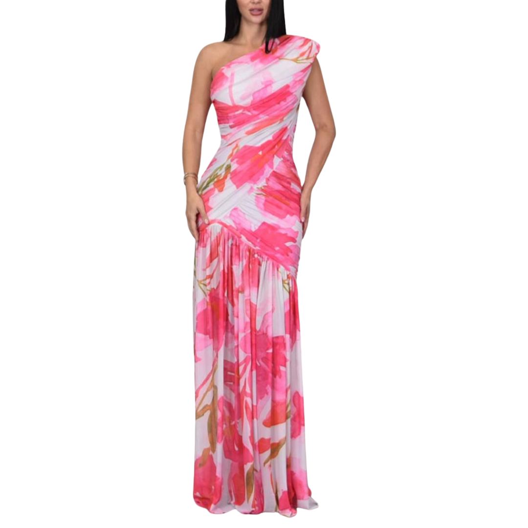 VESTIDO LARGO MESH CORRUGADO FLORES BLANCO CON ROSA