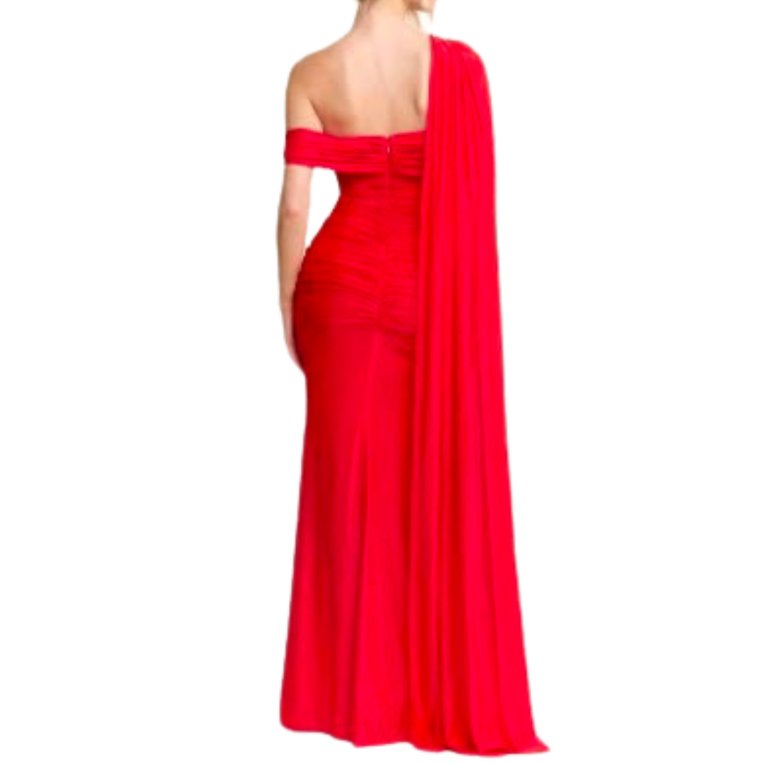 VESTIDO LARGO ROJO CON ESTOLA EN HOMBRO