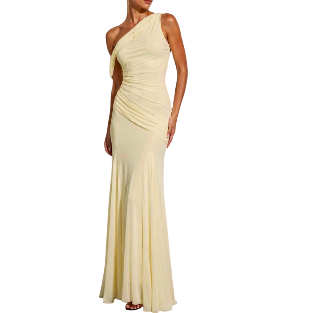 VESTIDO LARGO AMARILLO MESH HOMBRO CAÍDO