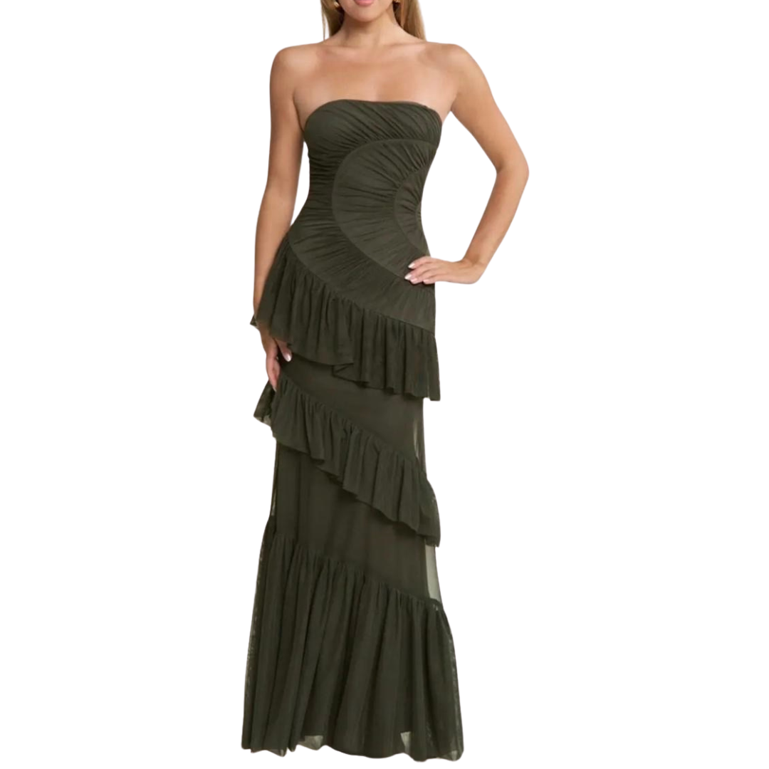 VESTIDO LARGO DE TULL CON HOLANES VERDE
