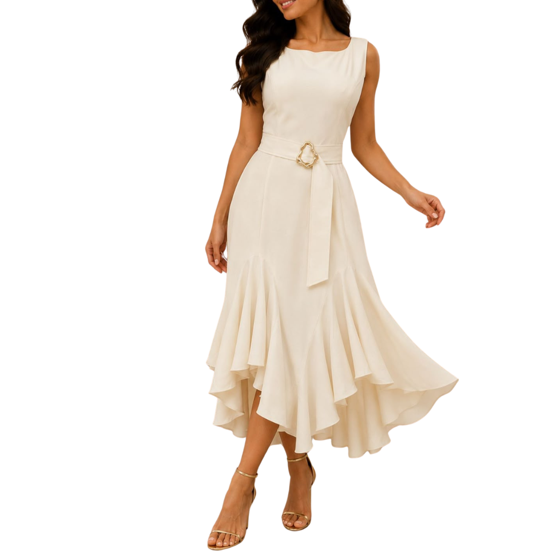 VESTIDO MIDI BEIGE CON OLÁN ASIMÉTRICO