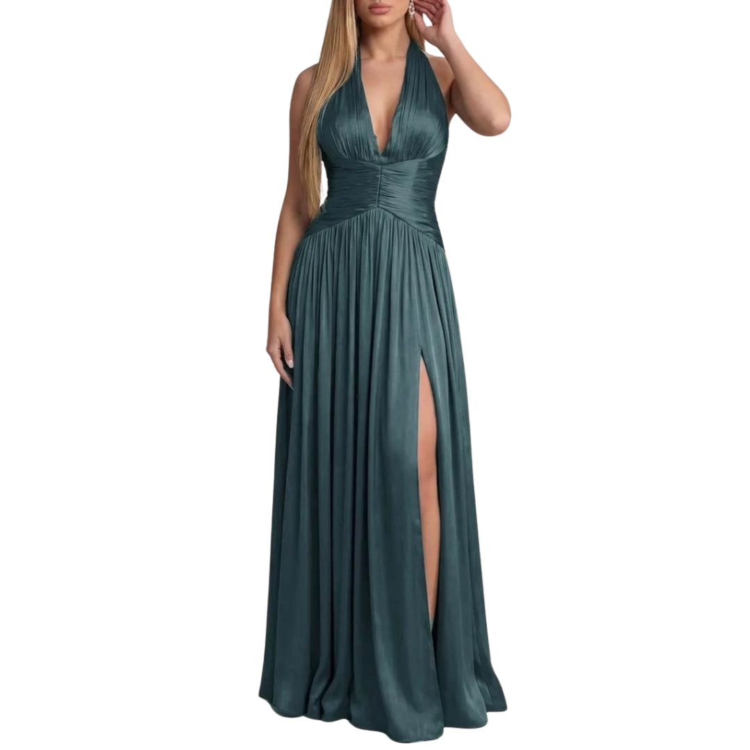 VESTIDO LARGO DRAPEADO AZUL PETROLEO