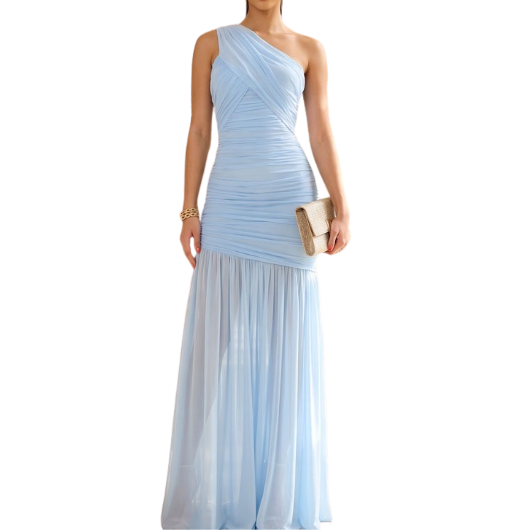 VESTIDO LARGO MESH UN HOMBRO CELESTE