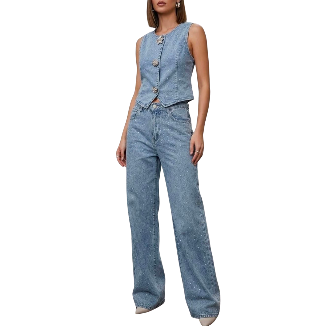 SET DENIM BOTONES DE FLOR CON BRILLOS