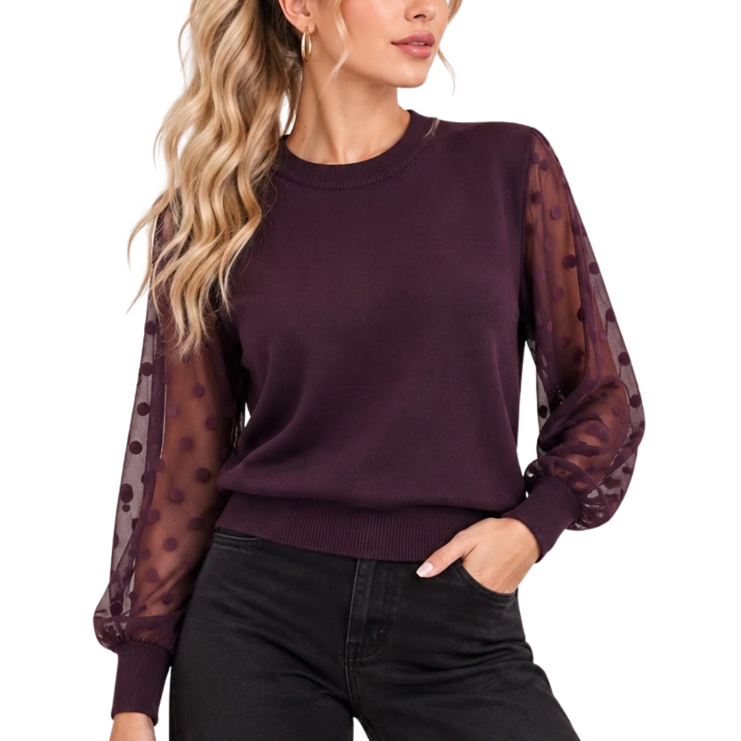 BLUSA MANGA LARGA TELA DE SUETER CON TRANSPARENCIA UVA