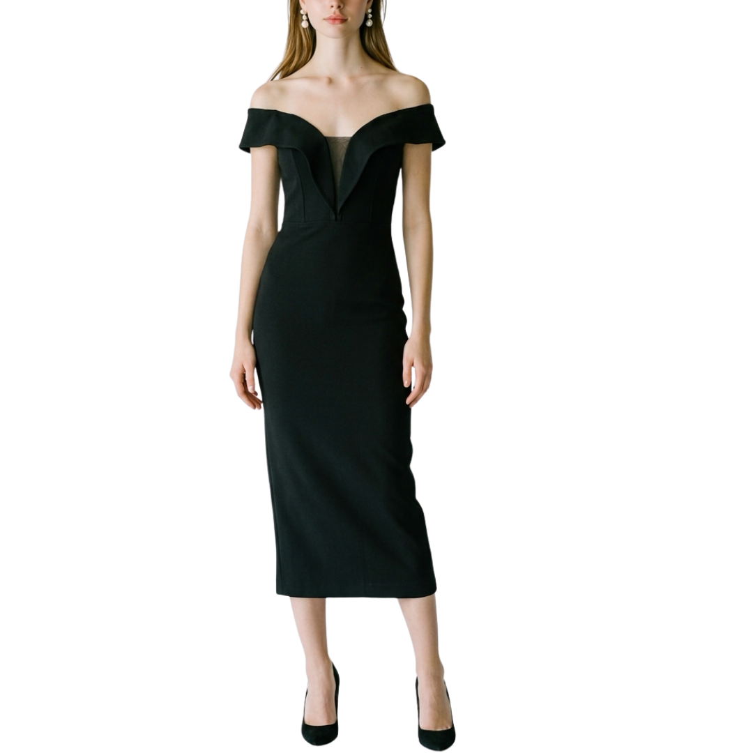 VESTIDO MIDI NEGRO ESCOTE V HOMBRO CAIDO