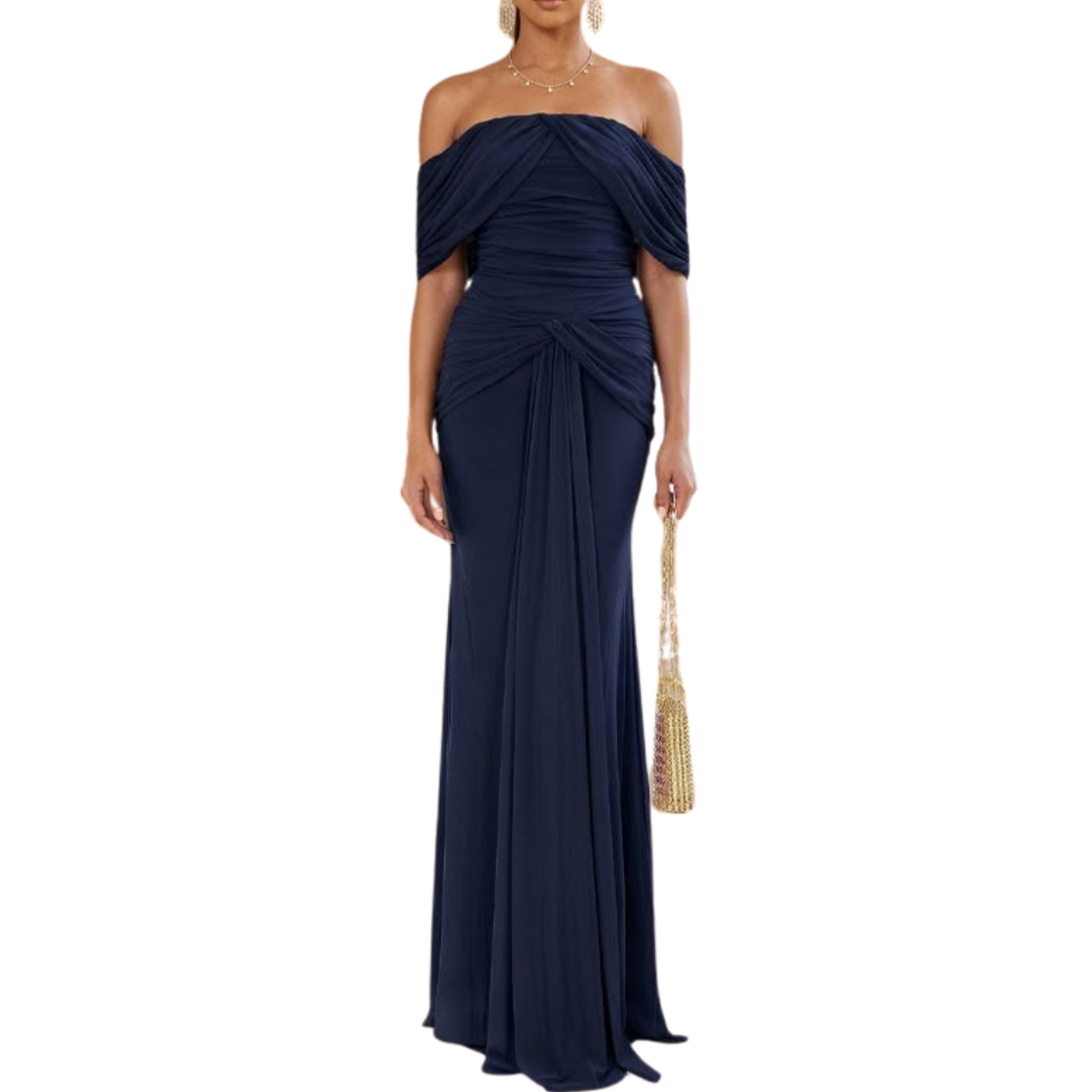 VESTIDO LARGO HOMBROS CAIDOS MESH CORRUGADO NAVY